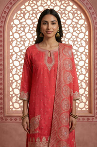 Red Foil Printed Shantung Straight Kurta with Salwar and Dupatta Set
