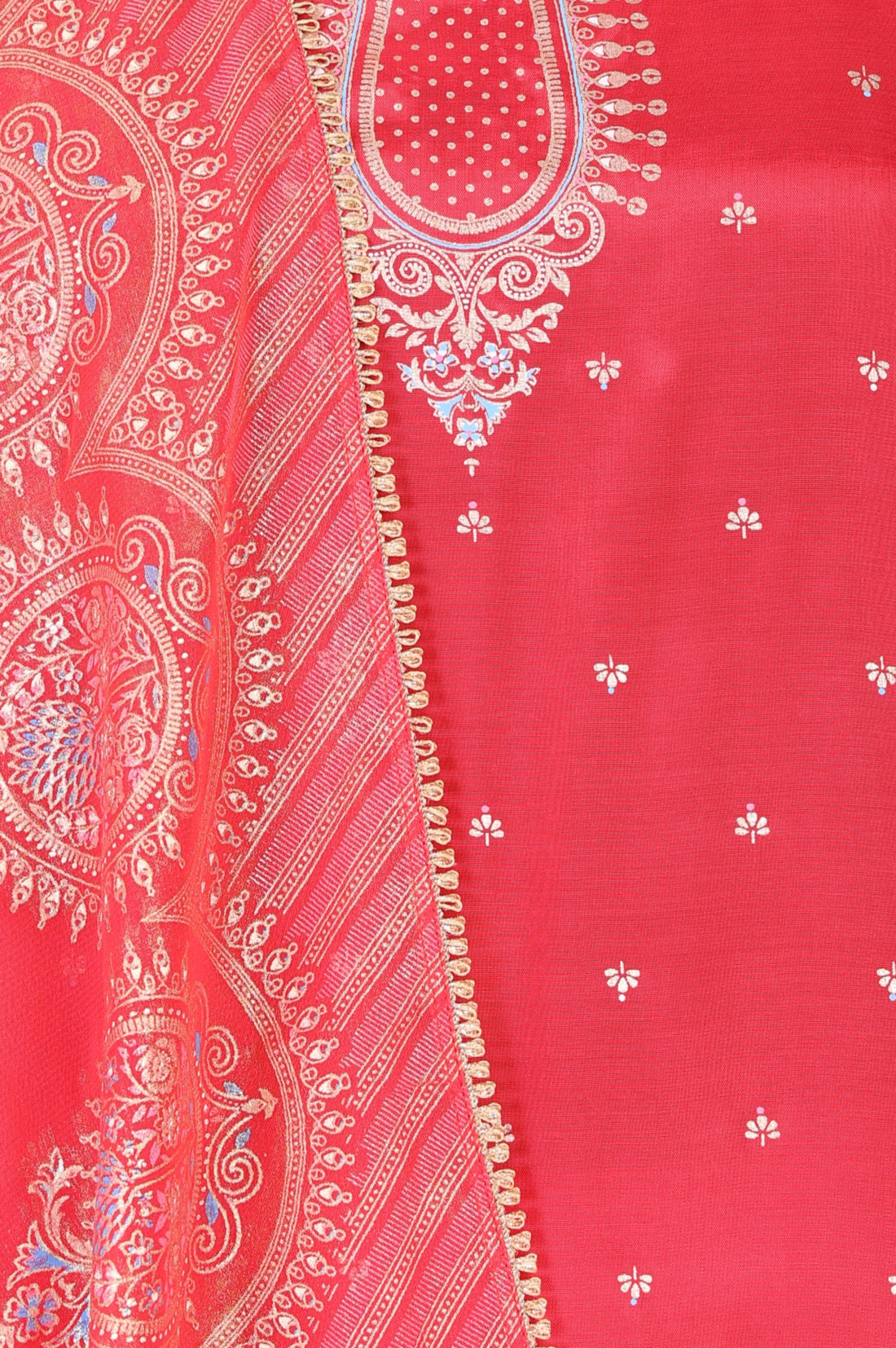 Red Foil Printed Shantung Straight Kurta with Salwar and Dupatta Set