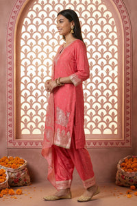 Red Foil Printed Shantung Straight Kurta with Salwar and Dupatta Set