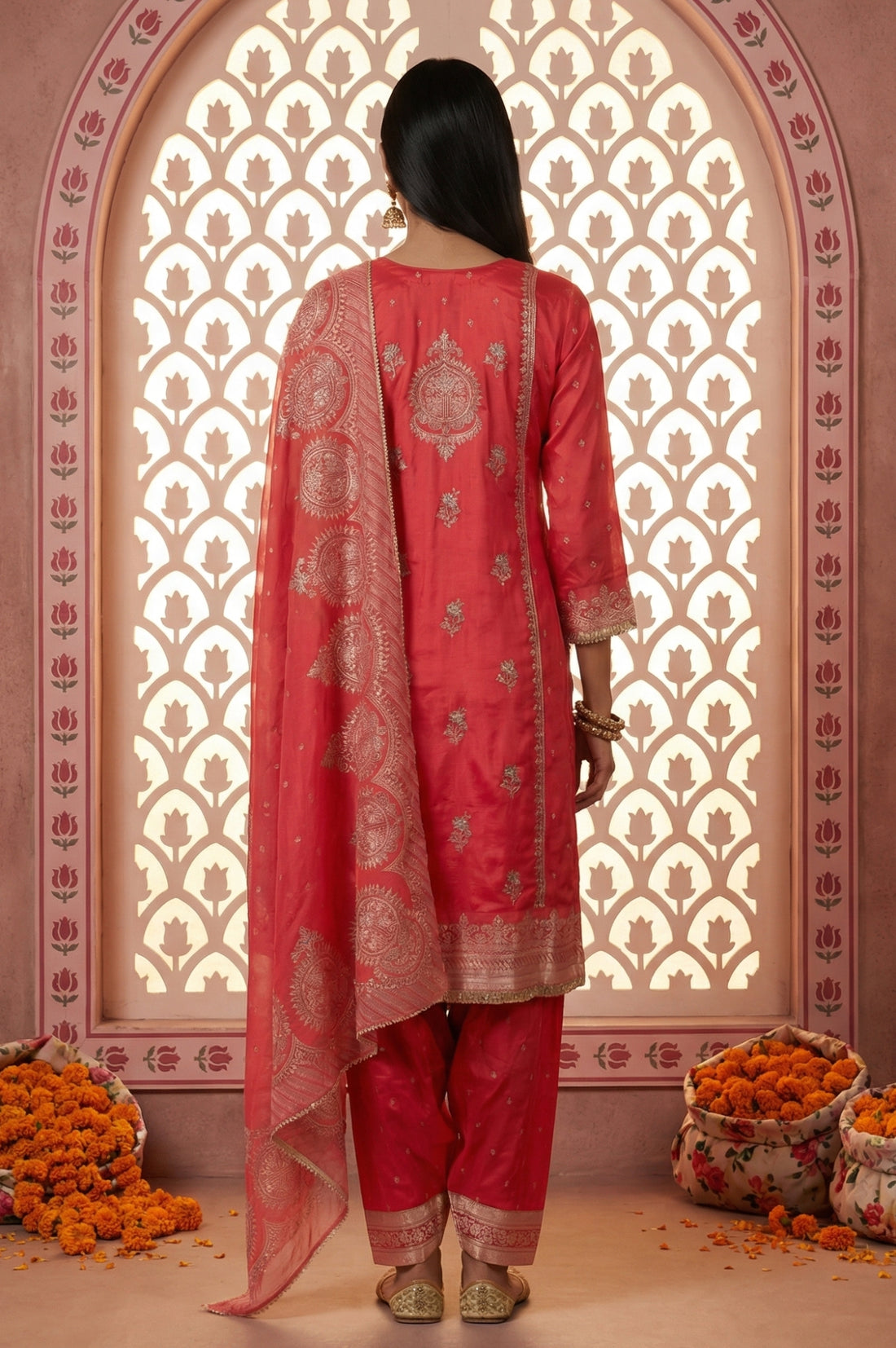 Red Foil Printed Shantung Straight Kurta with Salwar and Dupatta Set