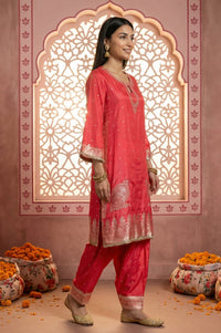 Red Foil Printed Shantung Straight Kurta with Salwar and Dupatta Set