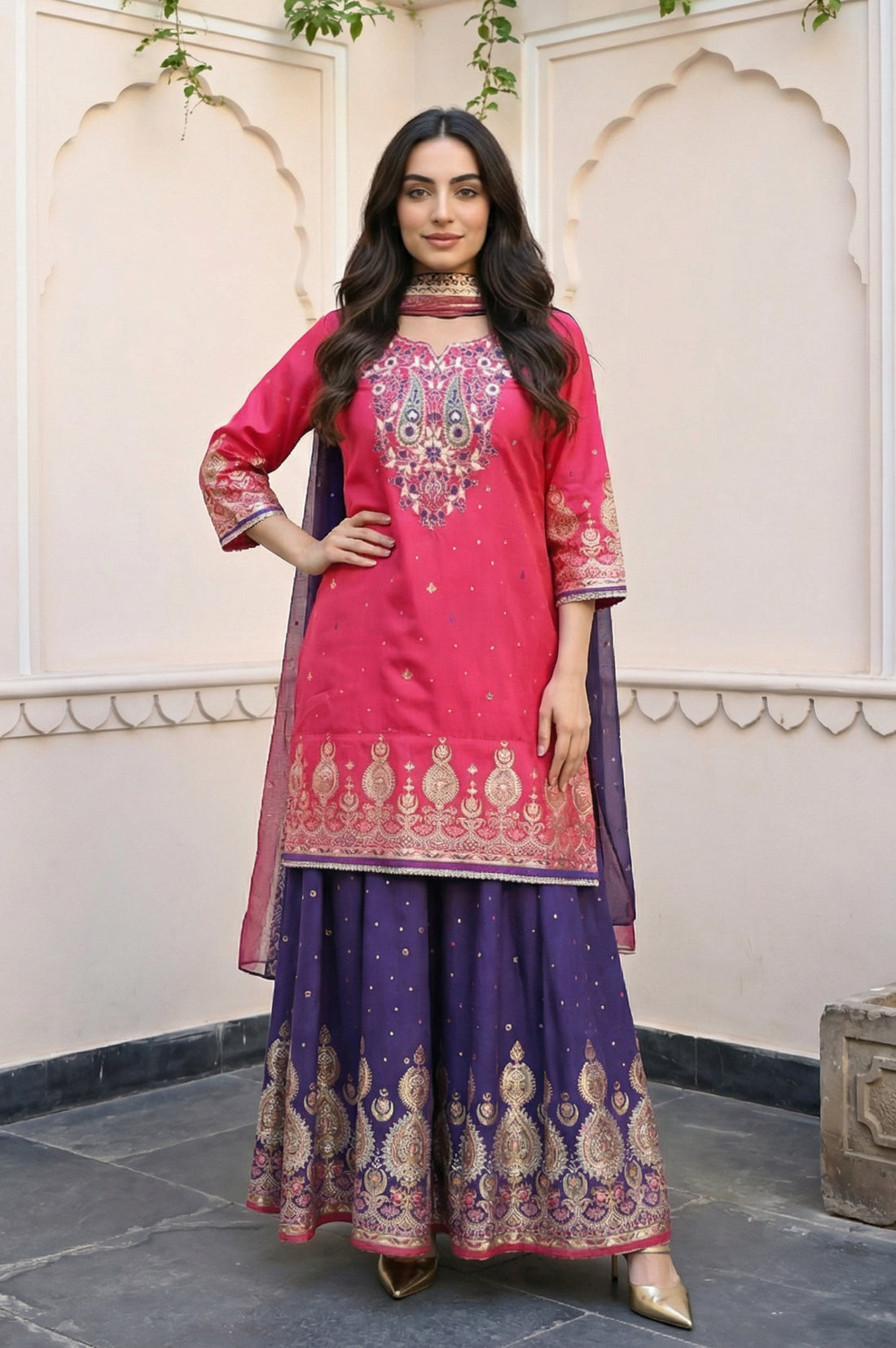 Pink Embroidered Zari Work Straight Kurta with Palazzo and Dupatta Set