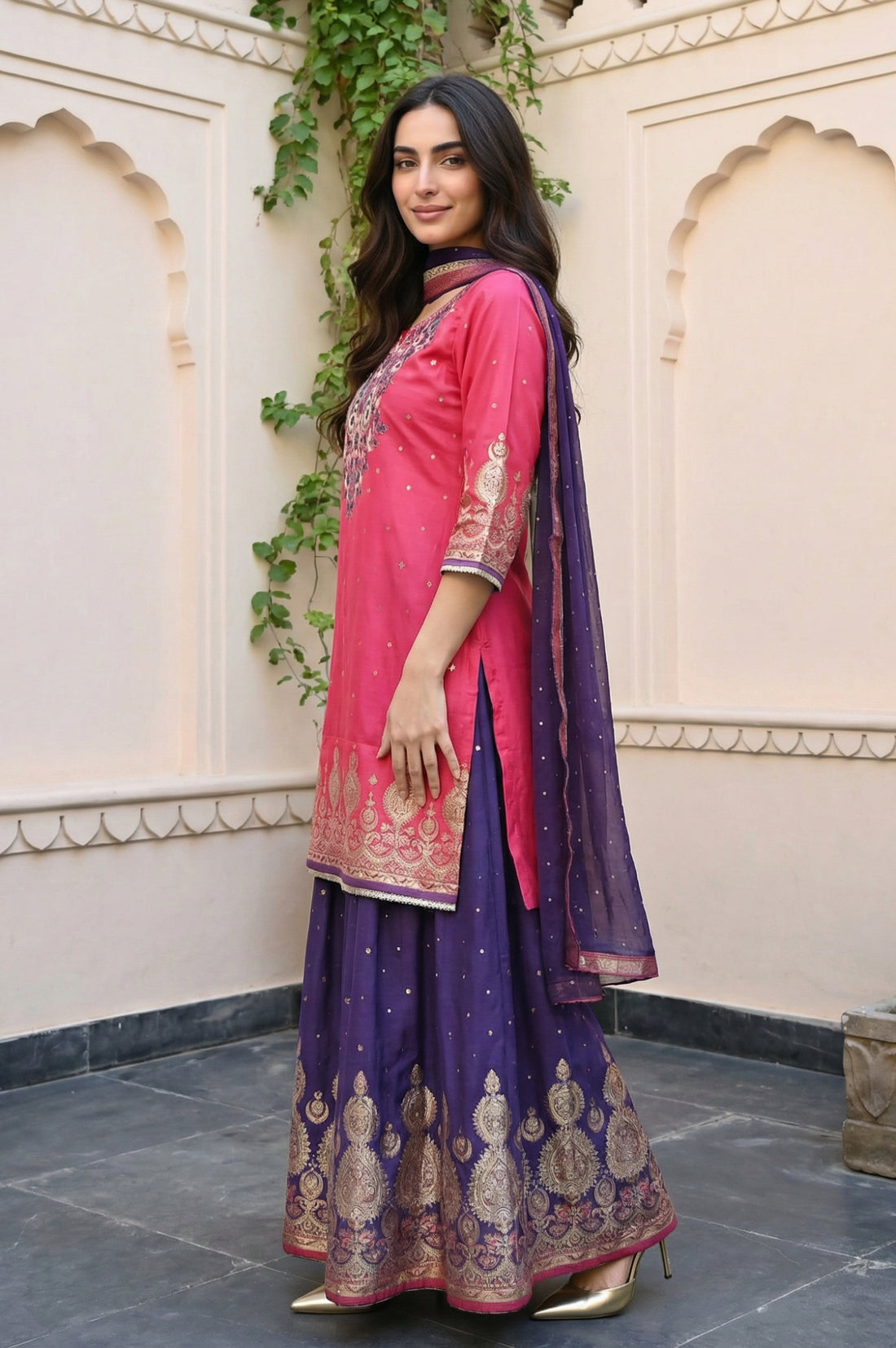 Pink Embroidered Zari Work Straight Kurta with Palazzo and Dupatta Set