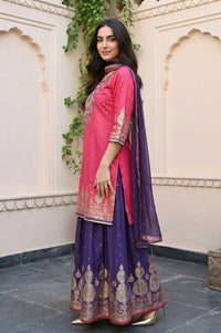 Pink Embroidered Zari Work Straight Kurta with Palazzo and Dupatta Set