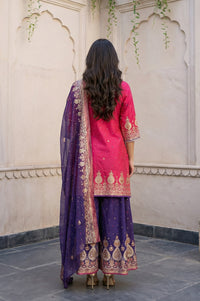 Pink Embroidered Zari Work Straight Kurta with Palazzo and Dupatta Set