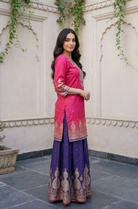 Pink Embroidered Zari Work Straight Kurta with Palazzo and Dupatta Set