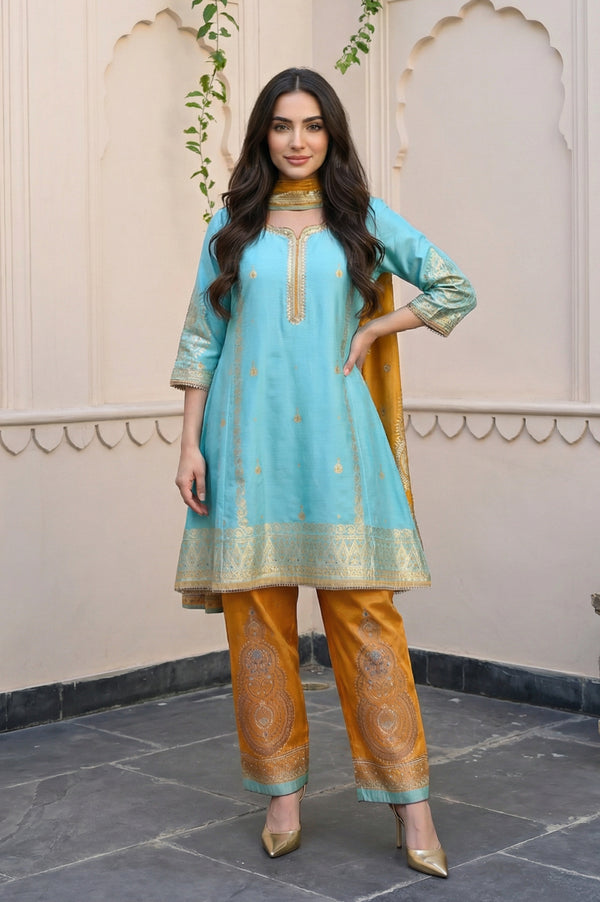Turquoise Blue Sequins Foil Printed Anarkali Kurta with Palazzo and Dupatta Set