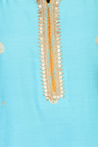 Turquoise Blue Sequins Foil Printed Anarkali Kurta with Palazzo and Dupatta Set