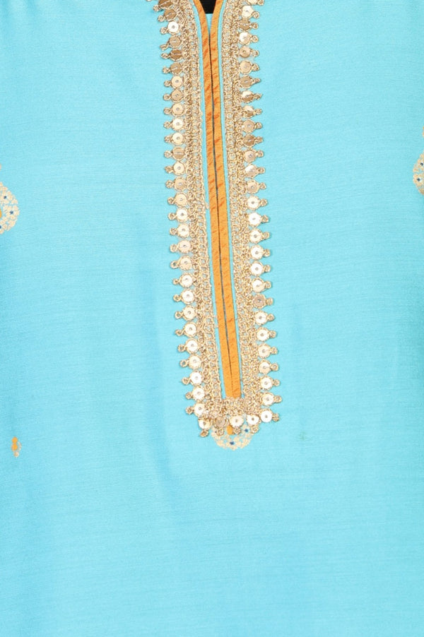 Turquoise Blue Sequins Foil Printed Anarkali Kurta with Palazzo and Dupatta Set