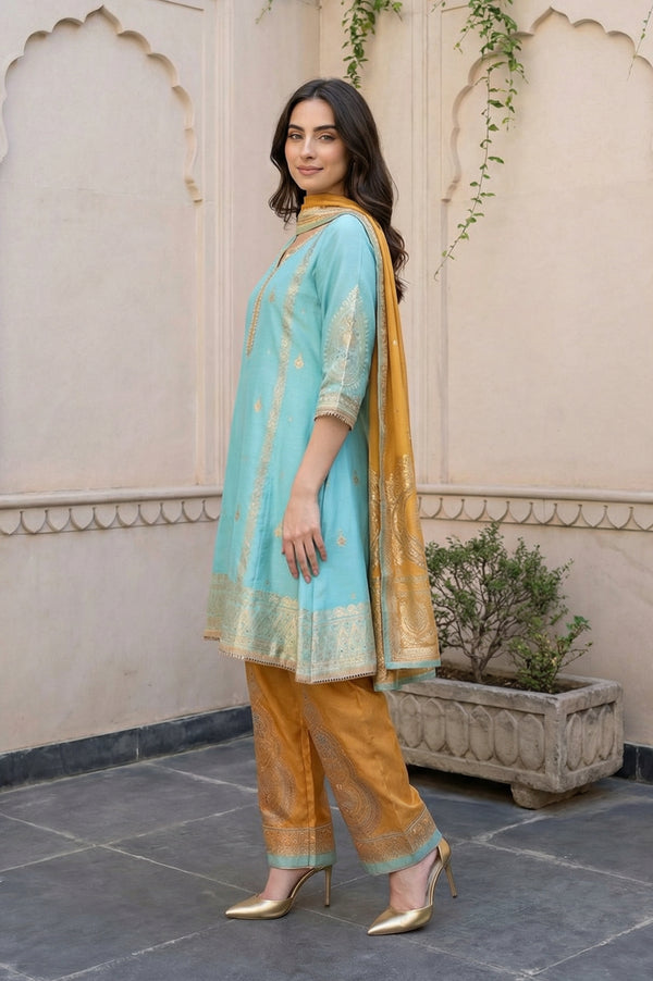 Turquoise Blue Sequins Foil Printed Anarkali Kurta with Palazzo and Dupatta Set