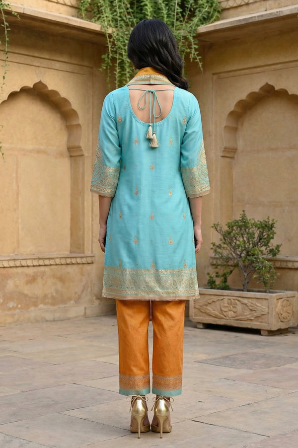 Turquoise Blue Sequins Foil Printed Anarkali Kurta with Palazzo and Dupatta Set