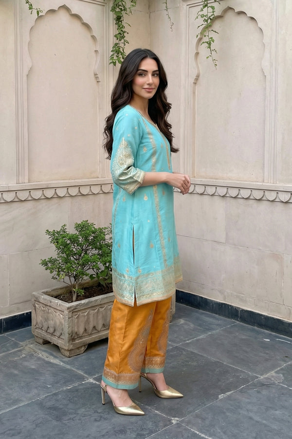 Turquoise Blue Sequins Foil Printed Anarkali Kurta with Palazzo and Dupatta Set