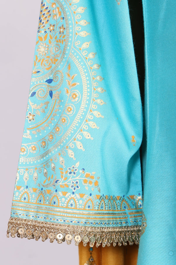 Turquoise Blue Sequins Foil Printed Anarkali Kurta with Palazzo and Dupatta Set