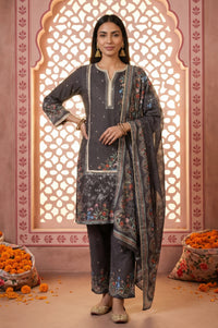 Charcoal Black Floral Printed Embellished Straight Kurta with Palazzo and Dupatta Set