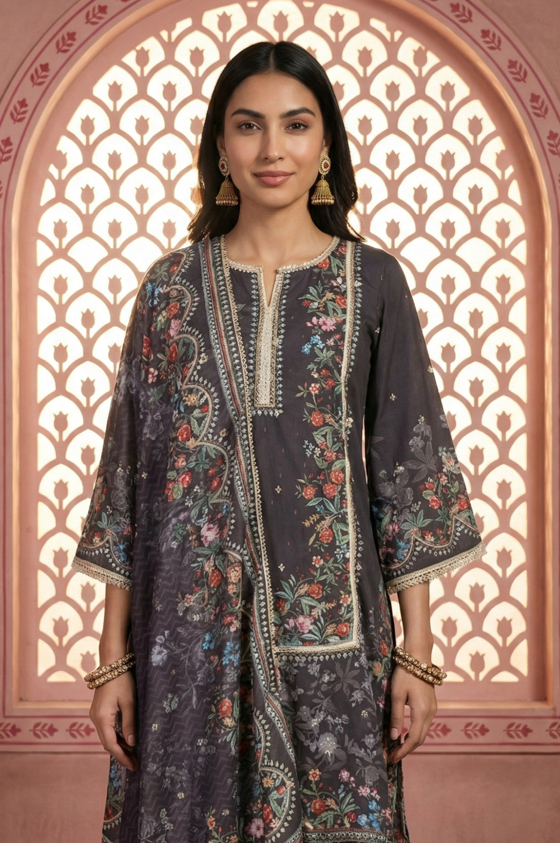 Charcoal Black Floral Printed Embellished Straight Kurta with Palazzo and Dupatta Set
