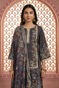 Charcoal Black Floral Printed Embellished Straight Kurta with Palazzo and Dupatta Set