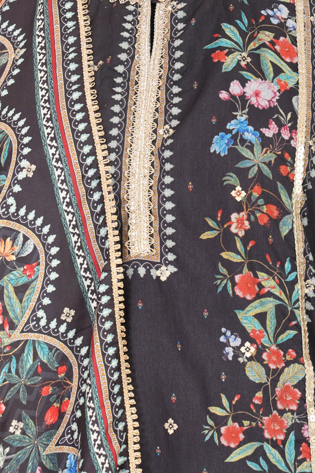 Charcoal Black Floral Printed Embellished Straight Kurta with Palazzo and Dupatta Set