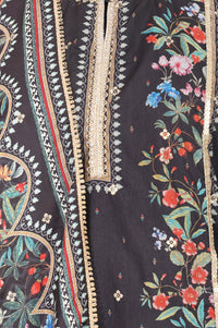 Charcoal Black Floral Printed Embellished Straight Kurta with Palazzo and Dupatta Set