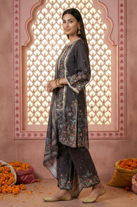 Charcoal Black Floral Printed Embellished Straight Kurta with Palazzo and Dupatta Set