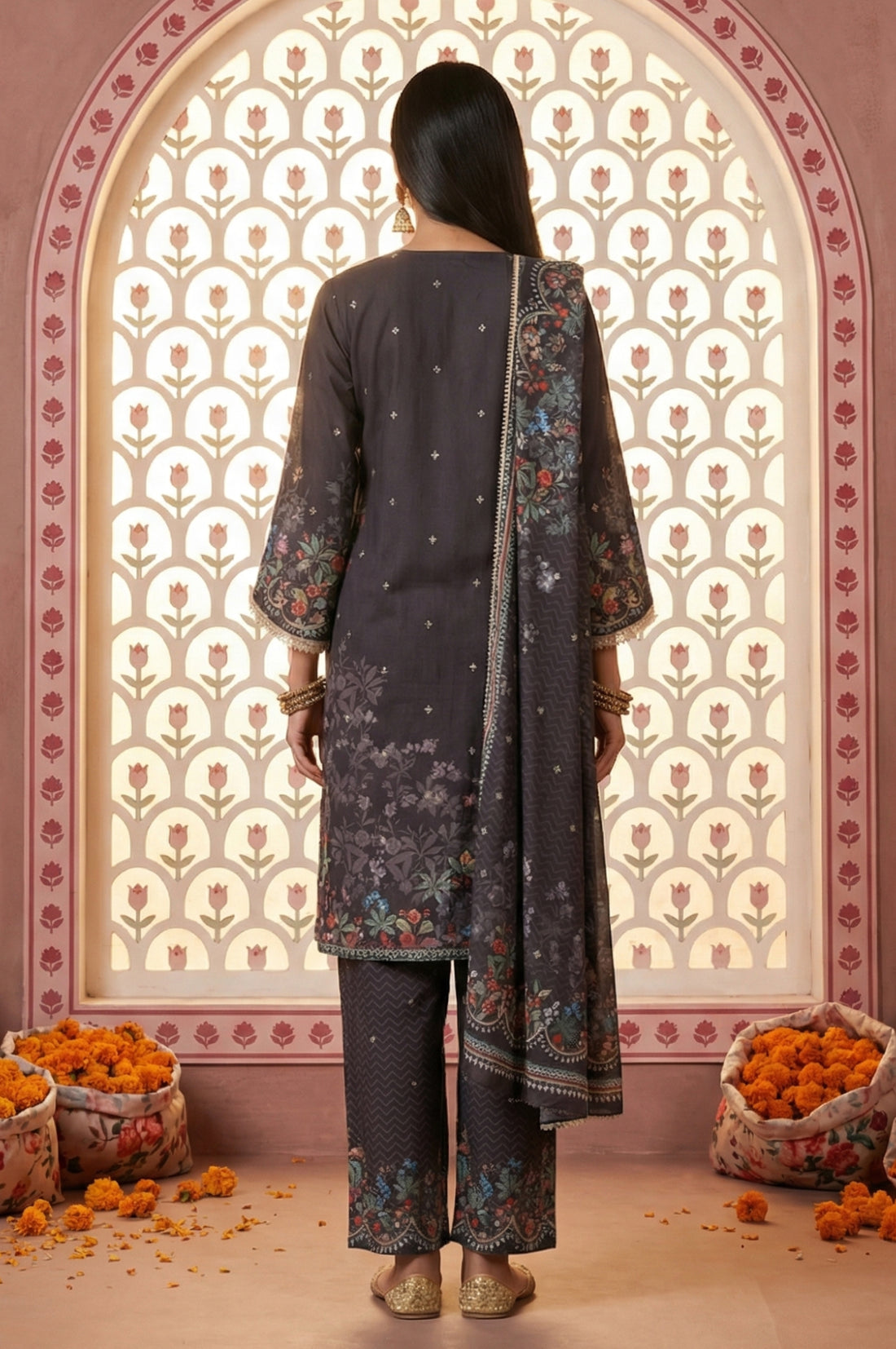 Charcoal Black Floral Printed Embellished Straight Kurta with Palazzo and Dupatta Set