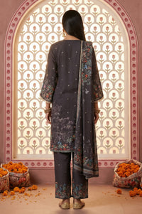 Charcoal Black Floral Printed Embellished Straight Kurta with Palazzo and Dupatta Set