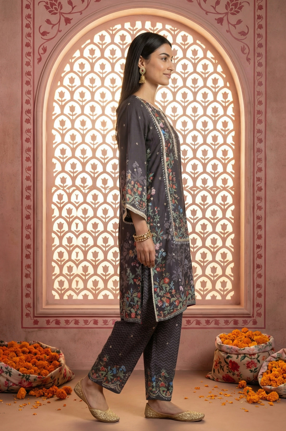 Charcoal Black Floral Printed Embellished Straight Kurta with Palazzo and Dupatta Set