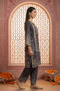Charcoal Black Floral Printed Embellished Straight Kurta with Palazzo and Dupatta Set