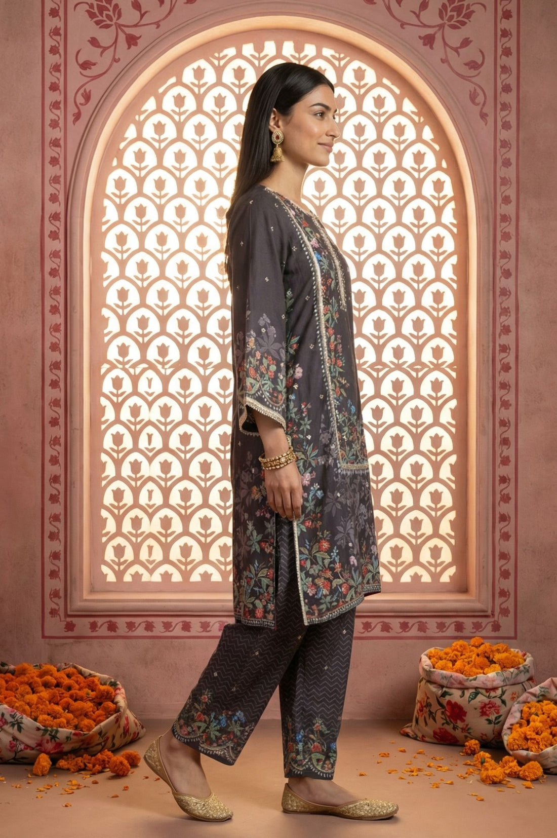 Charcoal Floral Printed Lace Sequins Straight Kurta with Palazzo and Dupatta Set