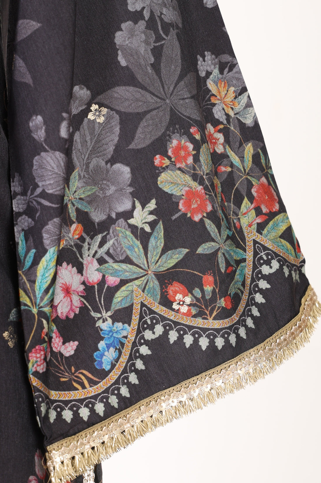 Charcoal Black Floral Printed Embellished Straight Kurta with Palazzo and Dupatta Set