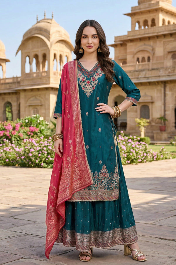 Teal Shantung Embroidered Straight Kurta with Ethnic Motifs Skirt and Printed Dupatta Set