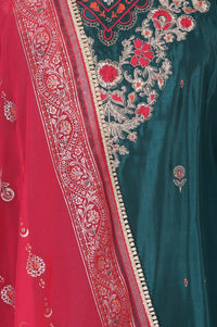 Teal Shantung Embroidered Straight Kurta with Ethnic Motifs Skirt and Printed Dupatta Set