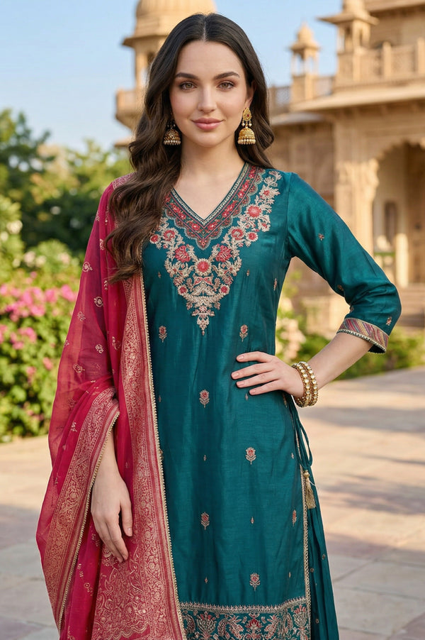 Teal Shantung Embroidered Straight Kurta with Ethnic Motifs Skirt and Printed Dupatta Set