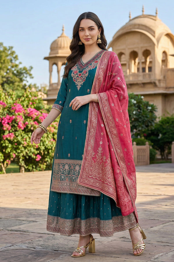 Teal Shantung Embroidered Straight Kurta with Ethnic Motifs Skirt and Printed Dupatta Set