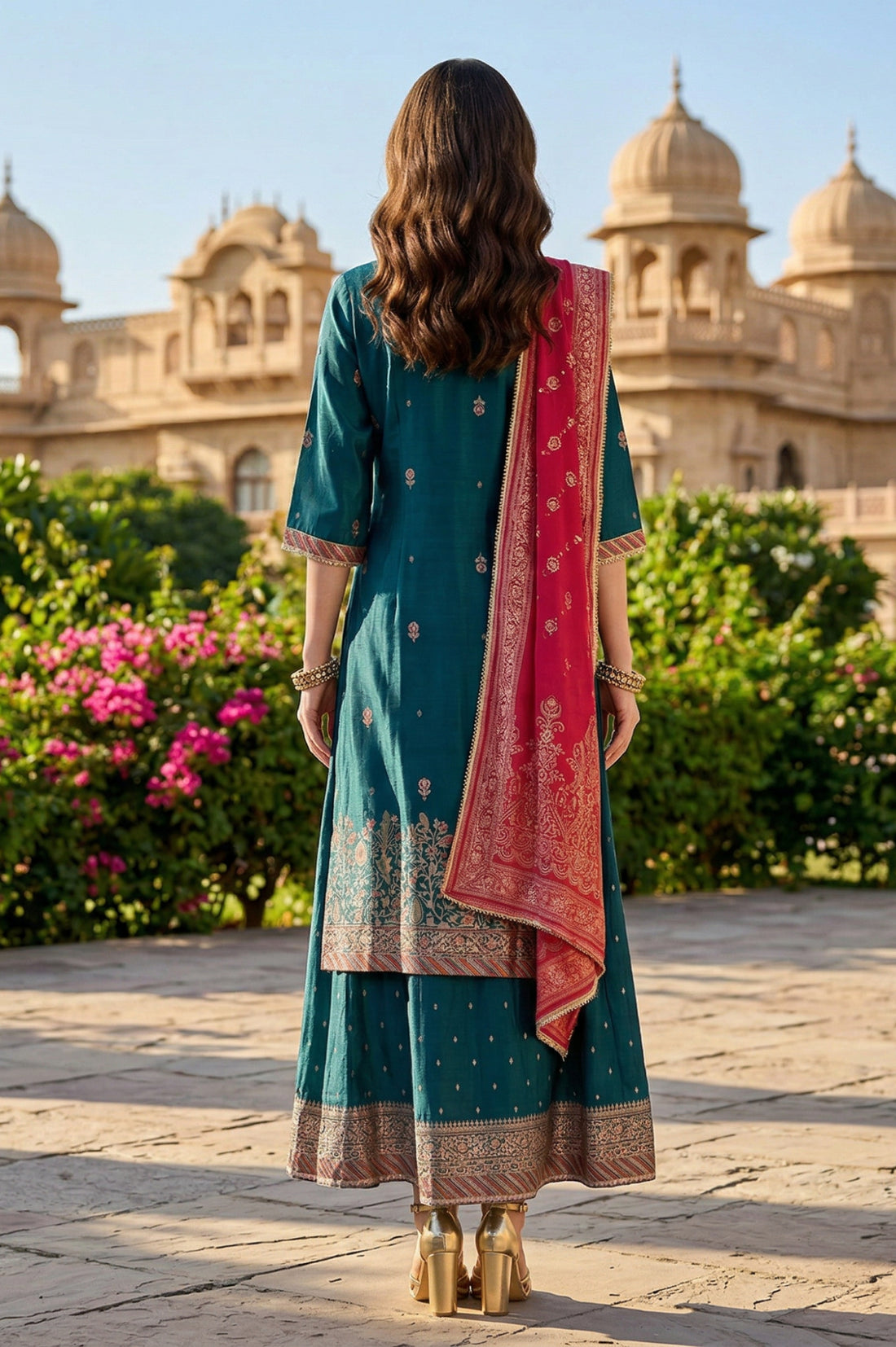 Teal Shantung Embroidered Straight Kurta with Ethnic Motifs Skirt and Printed Dupatta Set