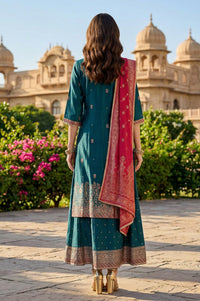 Teal Shantung Embroidered Straight Kurta with Ethnic Motifs Skirt and Printed Dupatta Set