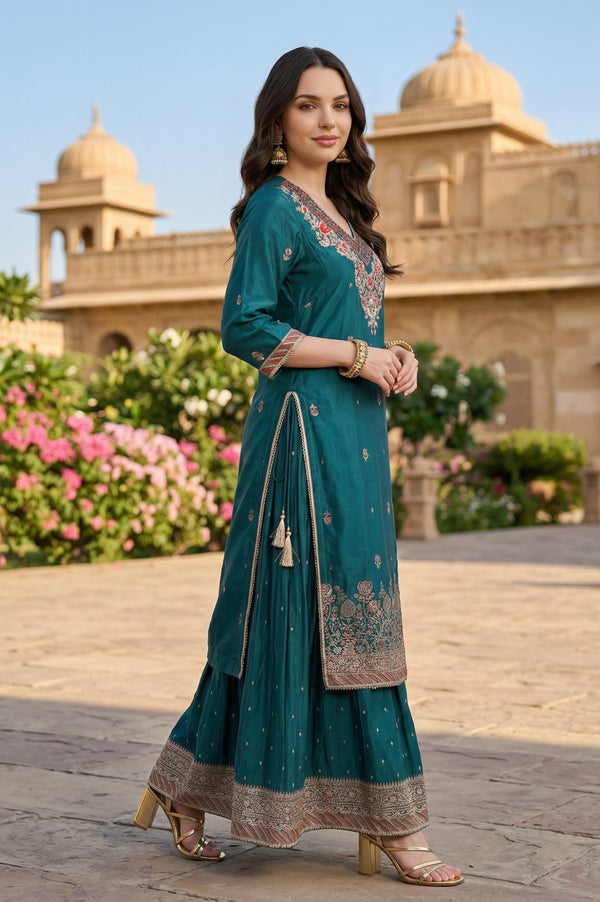 Teal Shantung Embroidered Straight Kurta with Ethnic Motifs Skirt and Printed Dupatta Set