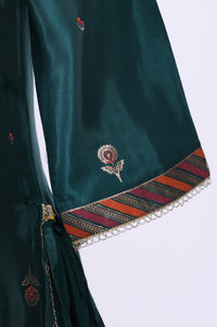 Teal Shantung Embroidered Straight Kurta with Ethnic Motifs Skirt and Printed Dupatta Set