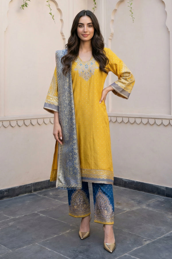 Yellow Embroidered Shantung Straight Kurta with Palazzo and Dupatta Set