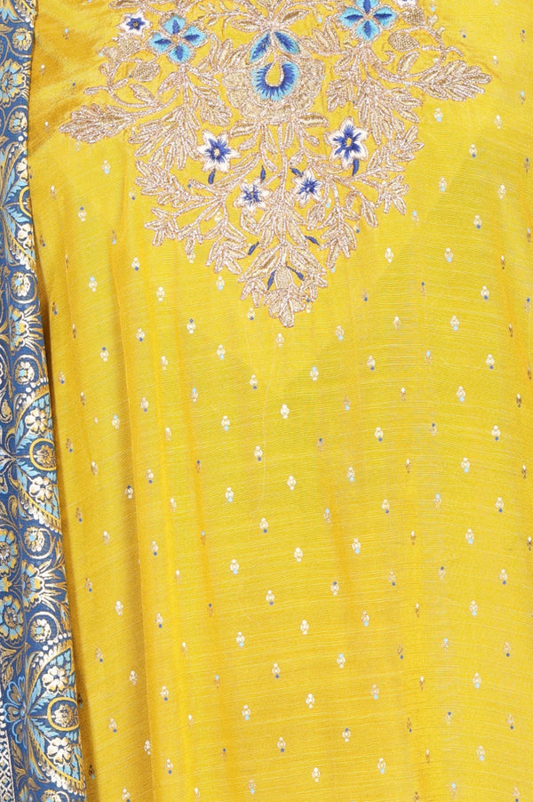 Yellow Embroidered Shantung Straight Kurta with Palazzo and Dupatta Set