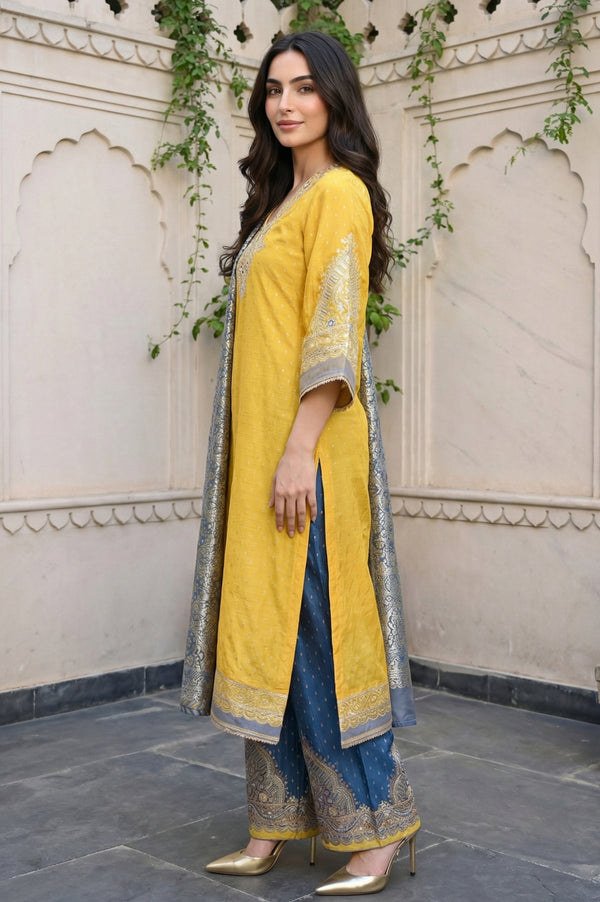 Yellow Embroidered Shantung Straight Kurta with Palazzo and Dupatta Set