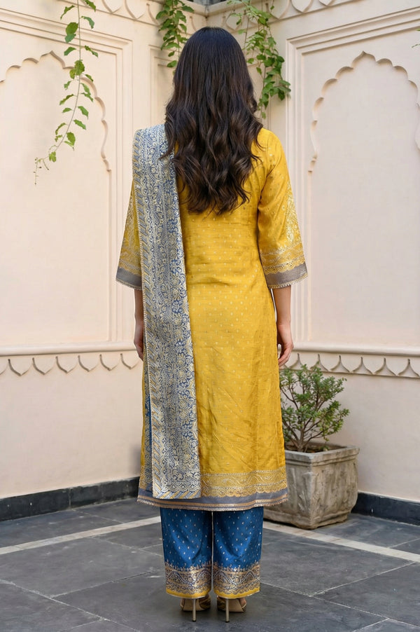 Yellow Embroidered Shantung Straight Kurta with Palazzo and Dupatta Set