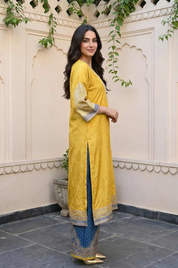 Yellow Embroidered Shantung Straight Kurta with Palazzo and Dupatta Set