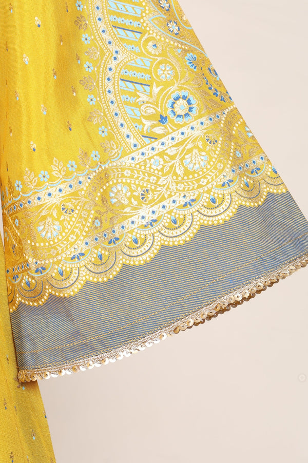 Yellow Embroidered Shantung Straight Kurta with Palazzo and Dupatta Set