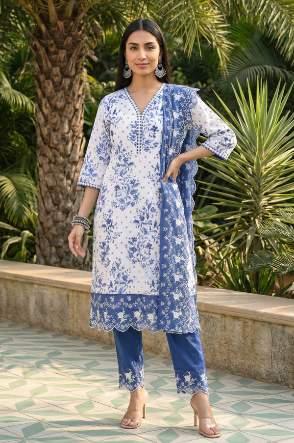 White Floral Printed Thread Embroidered Pure Cotton Straight Kurta with Trousers and Dupatta Set