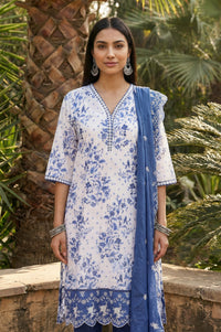 White Floral Printed Thread Embroidered Pure Cotton Straight Kurta with Trousers and Dupatta Set