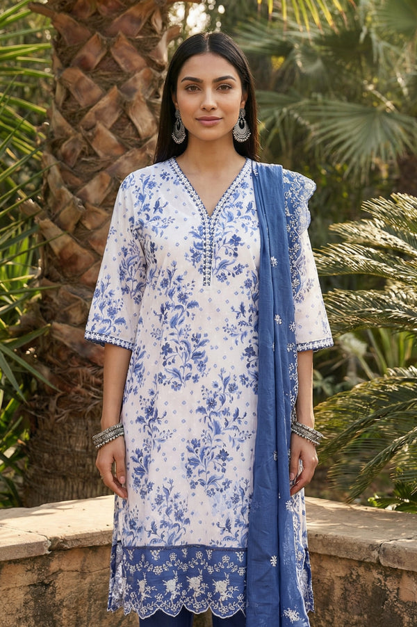 White Floral Printed Thread Embroidered Pure Cotton Straight Kurta with Trousers and Dupatta Set