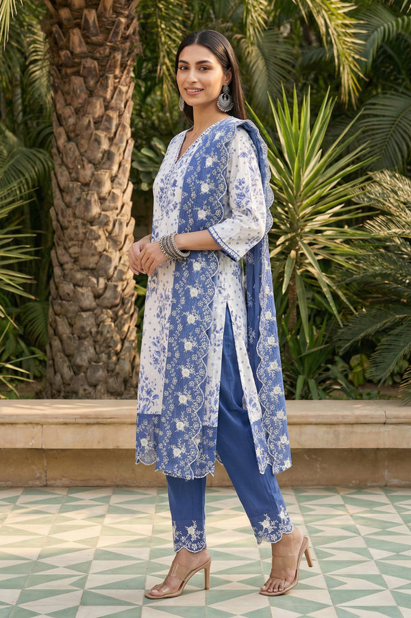 White Floral Printed Thread Embroidered Pure Cotton Straight Kurta with Trousers and Dupatta Set