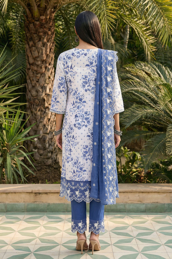 White Floral Printed Thread Embroidered Pure Cotton Straight Kurta with Trousers and Dupatta Set