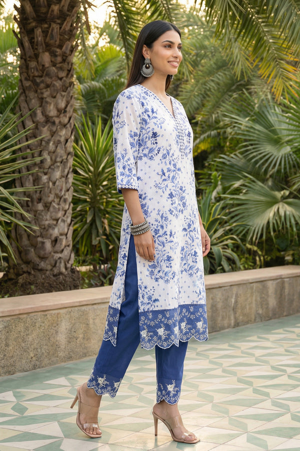White Floral Printed Thread Embroidered Pure Cotton Straight Kurta with Trousers and Dupatta Set