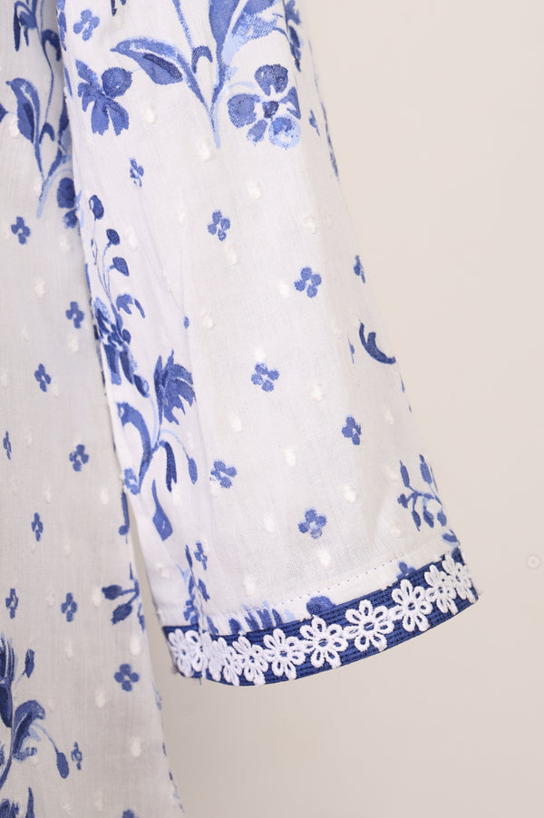 White Floral Printed Thread Embroidered Pure Cotton Straight Kurta with Trousers and Dupatta Set